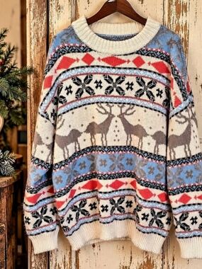 Nordic Fair Isle Reindeer Christmas Sweater 2XL 28” P2P